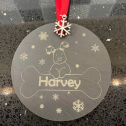 Personalised Snow Dog With Bone Christmas Tree Bauble Decorations Natural Slate Pet - thumbnail 4