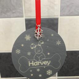 Personalised Snow Dog With Bone Christmas Tree Bauble Decorations Natural Slate Pet - thumbnail 2