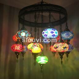 15 Ball Turkish Sultan Mosaic Chandelier, Large Globes - thumbnail 2