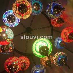 15 Ball Turkish Sultan Mosaic Chandelier, Large Globes