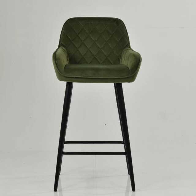 Green Velvet Bar Stool With Backrest - Breakfast & Kitchen Stool, Art Deco Black Base - image 1