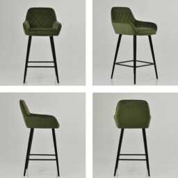 Green Velvet Bar Stool With Backrest - Breakfast & Kitchen Stool, Art Deco Black Base - thumbnail 4