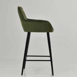 Green Velvet Bar Stool With Backrest - Breakfast & Kitchen Stool, Art Deco Black Base - thumbnail 3
