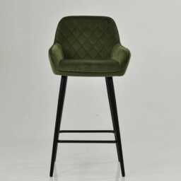 Green Velvet Bar Stool With Backrest - Breakfast & Kitchen Stool, Art Deco Black Base - thumbnail 1