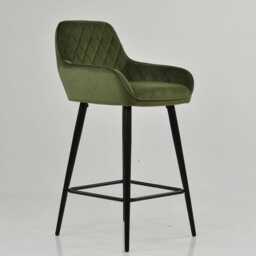 Green Velvet Bar Stool With Backrest - Breakfast & Kitchen Stool, Art Deco Black Base - thumbnail 2