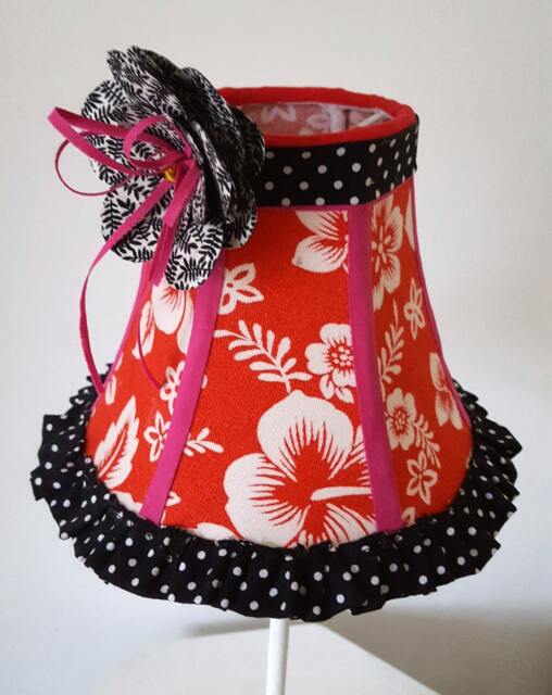 Bedroom Lampshade, Hand-Sewn Red Flower Corsage, Polka Dot Burlesque Shade, Hawaiian Fabric Shade - image 1