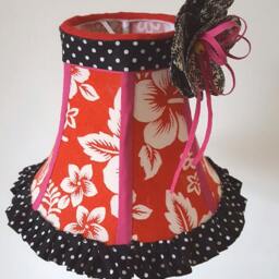 Bedroom Lampshade, Hand-Sewn Red Flower Corsage, Polka Dot Burlesque Shade, Hawaiian Fabric Shade - thumbnail 2
