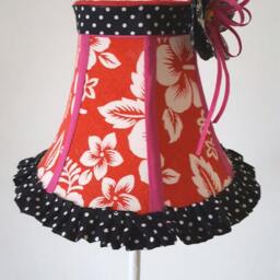 Bedroom Lampshade, Hand-Sewn Red Flower Corsage, Polka Dot Burlesque Shade, Hawaiian Fabric Shade - thumbnail 3