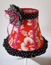 Bedroom Lampshade, Hand-Sewn Red Flower Corsage, Polka Dot Burlesque Shade, Hawaiian Fabric Shade - thumbnail 1