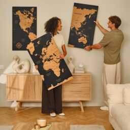 Wooden World Map 3 Piece Wall Art, Couples Travel With Pins Accent Design, Push Pin 5Th Anniversary Gift Tracker - thumbnail 4