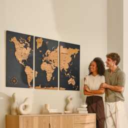 Wooden World Map 3 Piece Wall Art, Couples Travel With Pins Accent Design, Push Pin 5Th Anniversary Gift Tracker - thumbnail 1