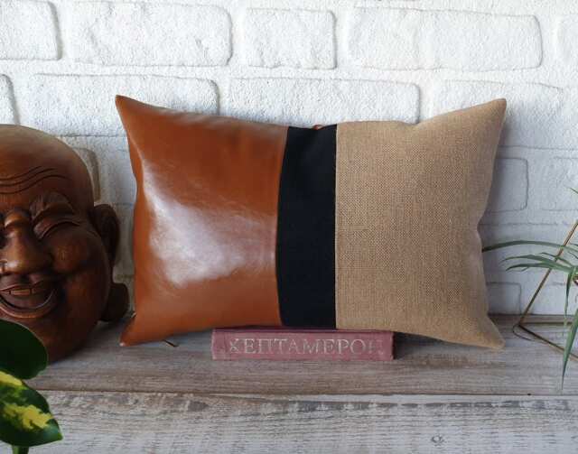 Color Block Lumbar Pillow Cover Burlap, Faux Leather, Black Stripe - image 1