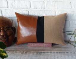 Color Block Lumbar Pillow Cover Burlap, Faux Leather, Black Stripe