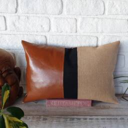 Color Block Lumbar Pillow Cover Burlap, Faux Leather, Black Stripe - thumbnail 2