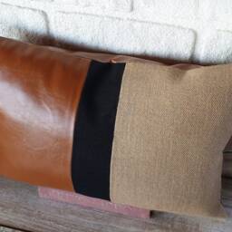 Color Block Lumbar Pillow Cover Burlap, Faux Leather, Black Stripe - thumbnail 3