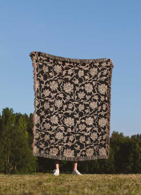 Vintage Black Floral Cotton Woven Blanket, Fringed Throw - image 1
