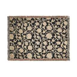 Vintage Black Floral Cotton Woven Blanket, Fringed Throw - thumbnail 2