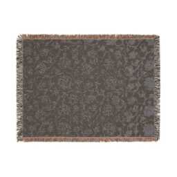 Vintage Black Floral Cotton Woven Blanket, Fringed Throw - thumbnail 3