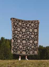 Vintage Black Floral Cotton Woven Blanket, Fringed Throw
