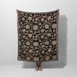 Vintage Black Floral Cotton Woven Blanket, Fringed Throw - thumbnail 4