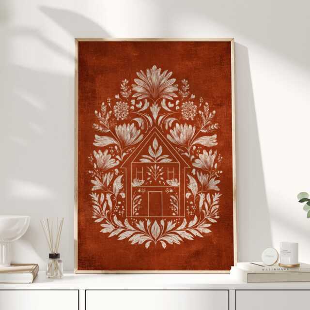 Rustic Folk Art House Print - Bohemian Wall With Floral Border Warm Terracotta Home Decor - image 1