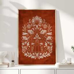 Rustic Folk Art House Print - Bohemian Wall With Floral Border Warm Terracotta Home Decor - thumbnail 1