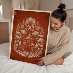 Rustic Folk Art House Print - Bohemian Wall With Floral Border Warm Terracotta Home Decor - thumbnail 3