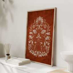 Rustic Folk Art House Print - Bohemian Wall With Floral Border Warm Terracotta Home Decor - thumbnail 2