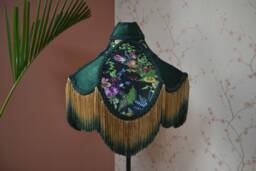 Floral Print Lampshade Black Silk, Rayon Fringe, Victorian Style