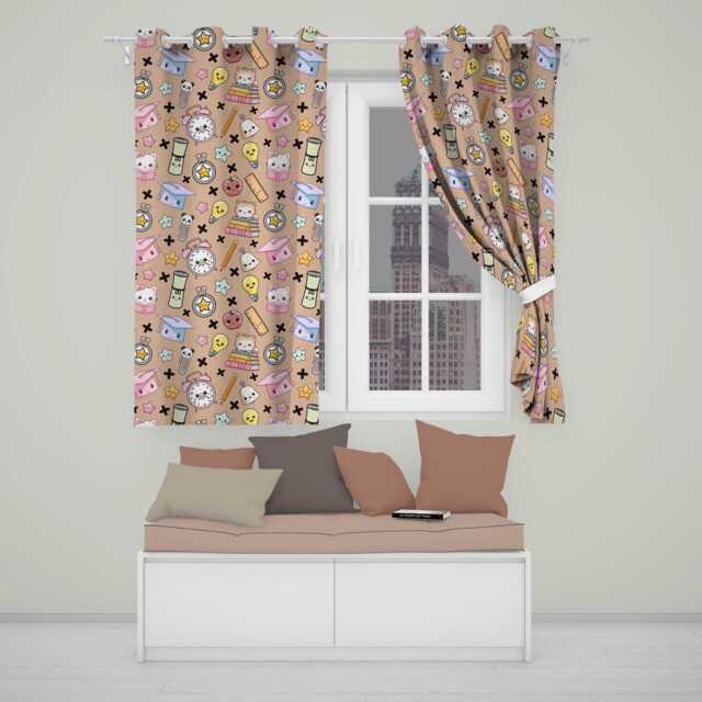 Cute Kawaii School Supplies & Study Seamless Pattern Peach Background Readymade Eyelet Ring Top Thermal 100% Blackout Curtains - image 1