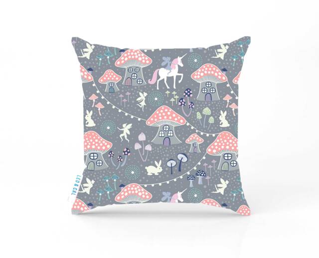 Unicorn Cushion Cover Grey & Pink Bedroom Accessories, Woodland Fairies Nursery Cushions Girl Baby Gifts, Fairy House Girly - image 1