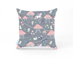 Unicorn Cushion Cover Grey & Pink Bedroom Accessories, Woodland Fairies Nursery Cushions Girl Baby Gifts, Fairy House Girly - thumbnail 1