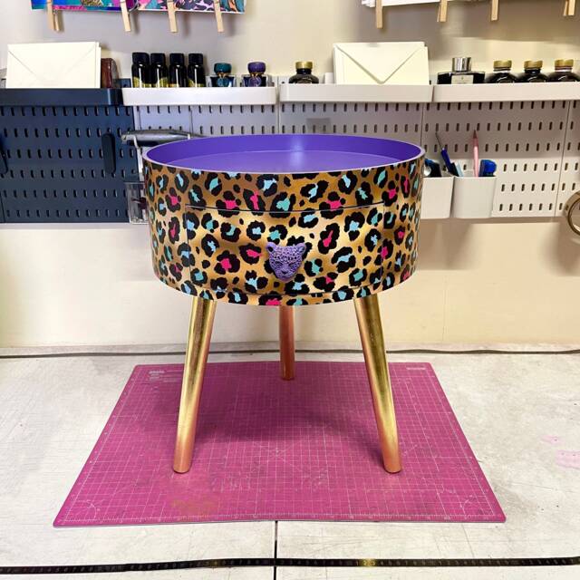Lilac Purple, Pink Leopard Round Bedside Table . Fun Bright Home Decor Ideal For Nightstand Or Side Table. Cheetah Print Gold Design - image 1