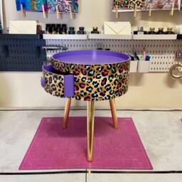 Lilac Purple, Pink Leopard Round Bedside Table . Fun Bright Home Decor Ideal For Nightstand Or Side Table. Cheetah Print Gold Design - thumbnail 3