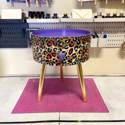 Lilac Purple, Pink Leopard Round Bedside Table . Fun Bright Home Decor Ideal For Nightstand Or Side Table. Cheetah Print Gold Design