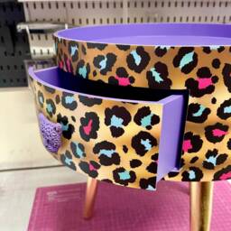 Lilac Purple, Pink Leopard Round Bedside Table . Fun Bright Home Decor Ideal For Nightstand Or Side Table. Cheetah Print Gold Design - thumbnail 4