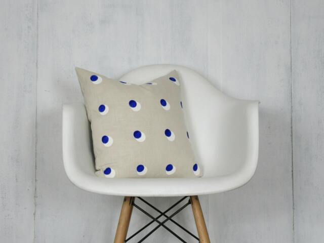 Cream Linen Pillow Cover With Blue & White Dot Print/ Decorative Throw Cushion Large Polka Dots Spots Modern Art Textile Natural Geometric - image 1