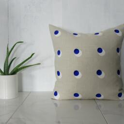 Cream Linen Pillow Cover With Blue & White Dot Print/ Decorative Throw Cushion Large Polka Dots Spots Modern Art Textile Natural Geometric - thumbnail 2