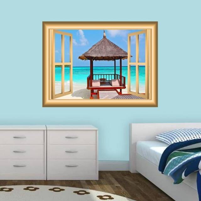 Vacation Hut View Beach Scenery Window Frame Vinyl Wall Art - Vwaq Nw10