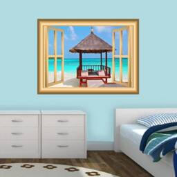 Vacation Hut View Beach Scenery Window Frame Vinyl Wall Art - Vwaq Nw10