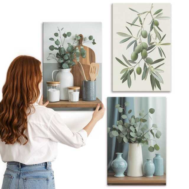 Canvas Set Of 3 - Green Olives & Eucalyptus Branches Aesthetic, Wall Art Large, Plants Flowers Decor - image 1