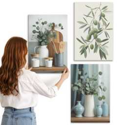 Canvas Set Of 3 - Green Olives & Eucalyptus Branches Aesthetic, Wall Art Large, Plants Flowers Decor - thumbnail 1