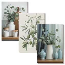 Canvas Set Of 3 - Green Olives & Eucalyptus Branches Aesthetic, Wall Art Large, Plants Flowers Decor - thumbnail 2