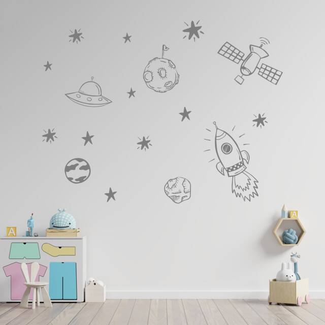 Space Themed Planets & Rockets Wall Vinyl Sticker - Kids Room Decoration Childrens Decor - image 1