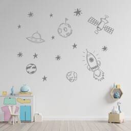 Space Themed Planets & Rockets Wall Vinyl Sticker - Kids Room Decoration Childrens Decor - thumbnail 1