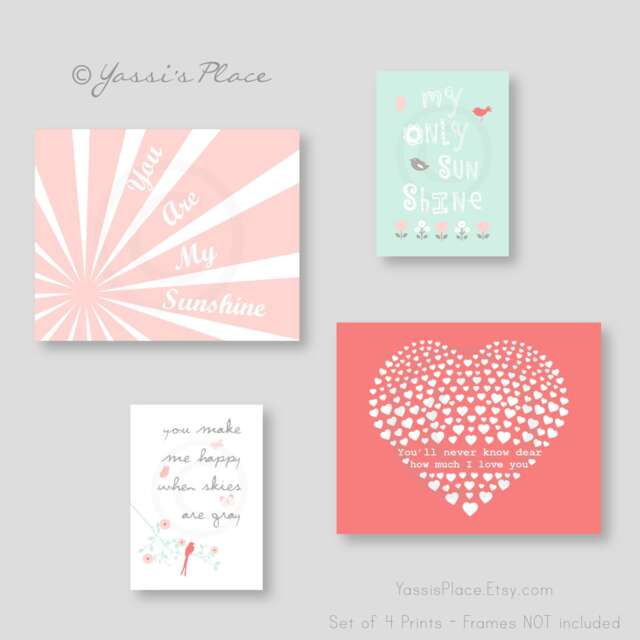 Nursery Wall Art Prints, You Are My Sunshine, Set Of 4, Prints Or Canvas - image 1
