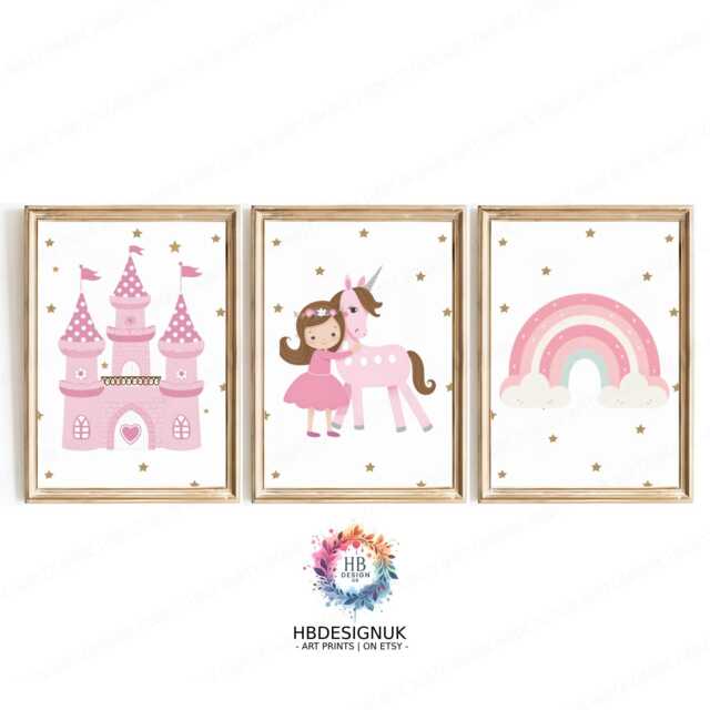 Girls Bedroom Prints, Unicorn Set Of 3 - Baby Room Decor Personalised Wall Art Girl Rainbow Toddler Playroom Picture - image 1