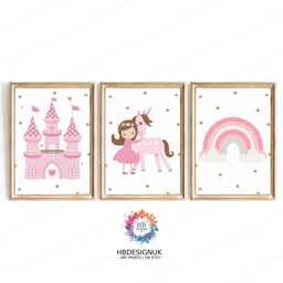 Girls Bedroom Prints, Unicorn Set Of 3 - Baby Room Decor Personalised Wall Art Girl Rainbow Toddler Playroom Picture - thumbnail 1