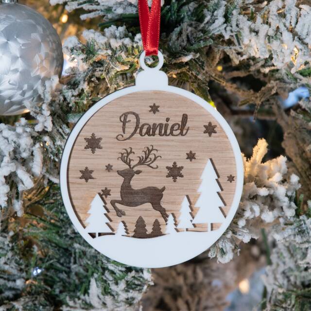 Personalised Two Layer Reindeer Round Christmas Bauble Tree Decoration