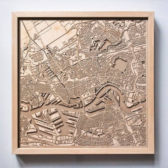 Rotterdam Wooden Map - Laser Cut City Streets, Framed 3D Wall Art - image 1